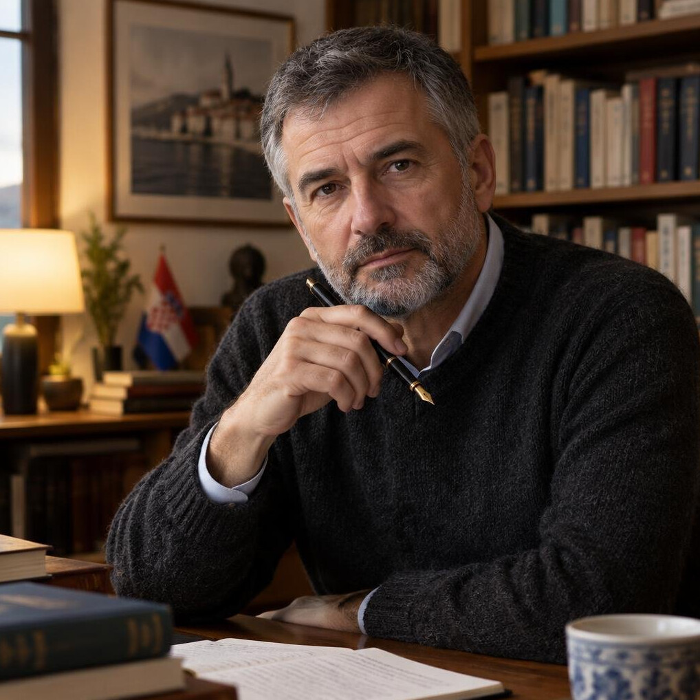 Portrait of a middle-aged Croatian man writer sitting thoughtfully in his study