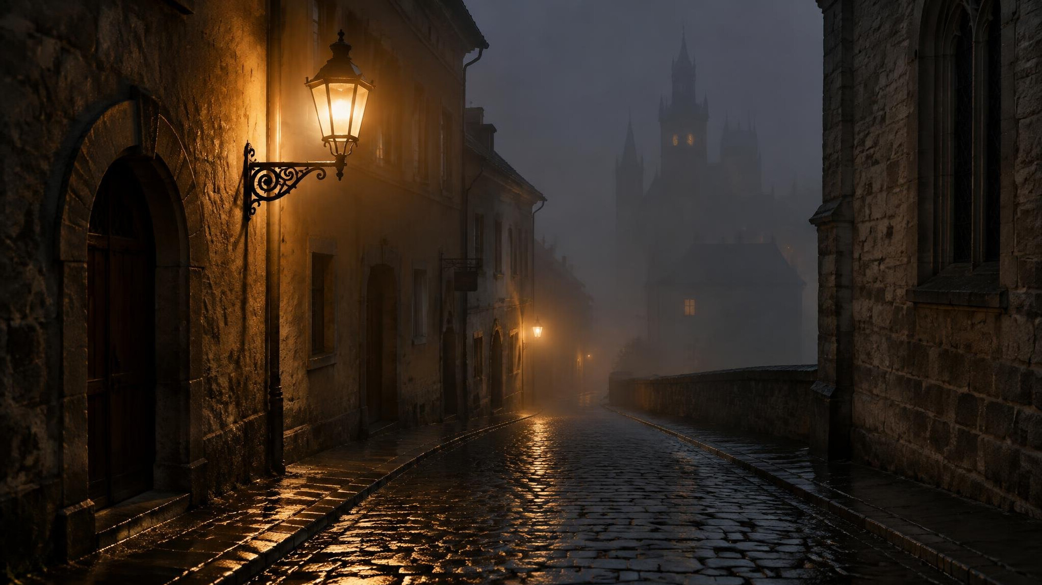 Foggy cobblestone street in an old European town at night lit by a single street lamp