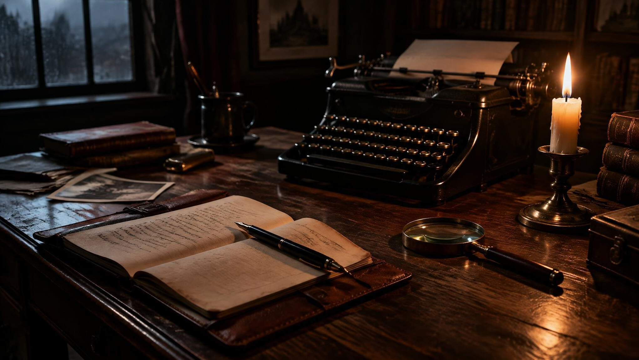 Old wooden writing desk with a vintage typewriter, notebook and candle in dim light