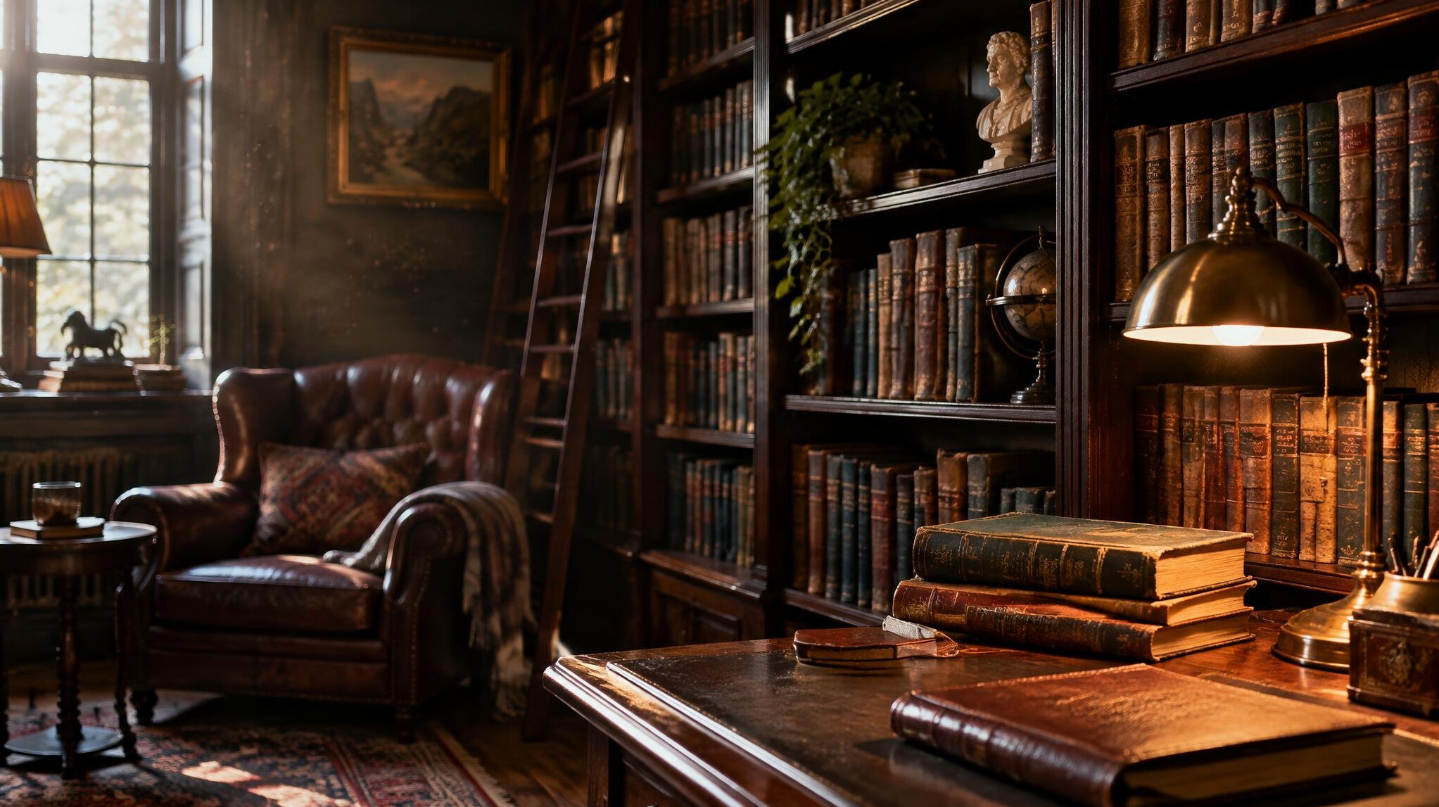Cozy old library study filled with tall wooden bookshelves and warm lamp light